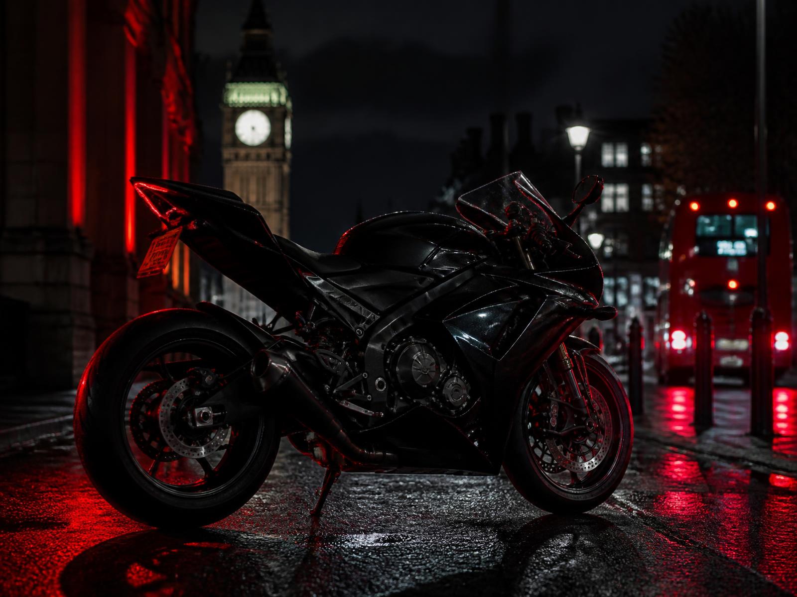 Black motorcycle parked on a London street at night